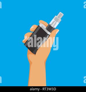 Vape toxicomanie concept, main tenant l'e-cigarette, vaping stuff, vector illustration. Illustration de Vecteur