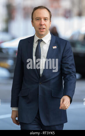 Les clients arrivant à la BBC pour l'Andrew Marr Show, London, UK Avec : Matt Hancock Où : London, Royaume-Uni Quand : 27 Jan 2019 Credit : Wheatley/WENN Banque D'Images