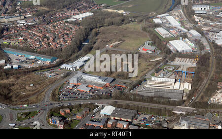 Vue aérienne de la région de Peel, au nord de l'enterrer avec le bâtiment de la police du Grand Manchester et Peel Industrial Estate,Manchester Banque D'Images