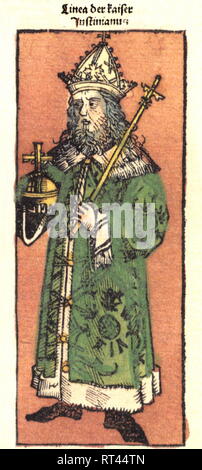 Justinien I (Flavius Petrus Sabbatius Justinien Premier), vers 482 - 14.11.565, l'empereur romain 1.4.527 - 14.11.565, pleine longueur, gravure sur bois par Michael Wolgemut ou Wilhelm Pleydenwurff à la chronique de l'Hartmann Schedel, Nuremberg, 1493, copyright de l'artiste n'a pas à être effacée Banque D'Images