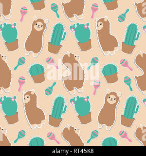 Ou Alpaga Lama cute cartoon animal de couleur pastel avec les cactus seamless pattern illustration graphique Banque D'Images