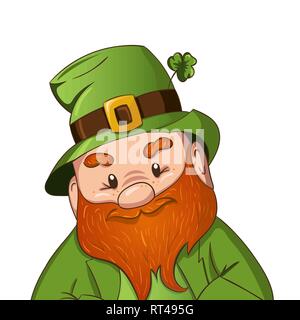 Heureux Saint Patricks day illustration. Leprechaun dessiné à la main cgaracter avec green clover leaf. Vector illustration. Illustration de Vecteur