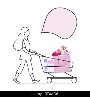 Vector illustration avec femme porte un panier avec des produits achetés dans le magasin. Fille sur le shopping. Grosse vente et shopping concept. Illustration de Vecteur