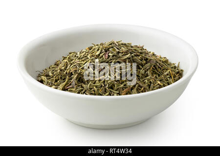 Thym séché frotté dans un bol en céramique blanc isolé sur blanc. Banque D'Images