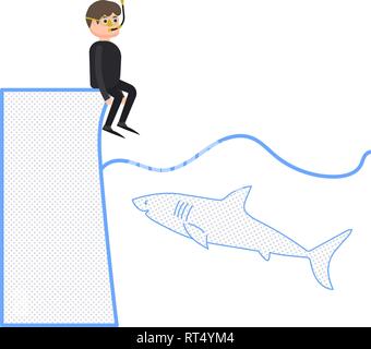 Un requin veut manger un homme, un plongeur est assis sur la rive, un requin nage dans la mer ouverte, un personnage dans un style cartoon Illustration de Vecteur