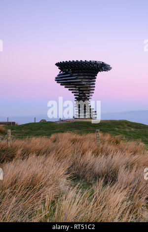 Le chant, en sonnerie sur le panopticon arbre moor land au-delà Burnley est étrangement belle quand le vent souffle à travers la structure. Banque D'Images