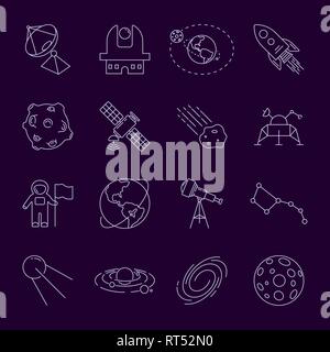 Ensemble de l'astronomie et l'LineVector mince d'icônes. Spaceman, astronaute, système solaire, galaxie, planète, terre, satellite, navette aéroport, rocket, orbit, asteroi Illustration de Vecteur