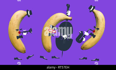 Funny zine style collage illustration de banana jazz trio. Saxophoniste, contrebassiste et trompettiste. Banque D'Images