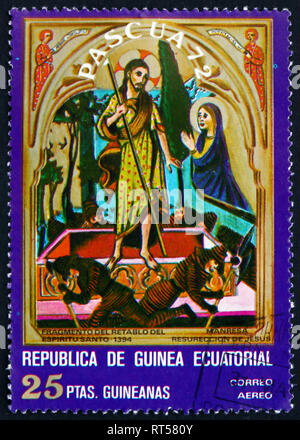 Guinée Équatoriale - VERS 1972 : un timbre imprimé en Guinée équatoriale montre la résurrection, Pâques, Détail de triptyque, vers 1972 Banque D'Images