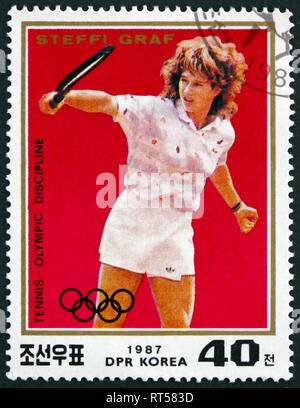 La CORÉE DU NORD - circa 1987 : timbre imprimé en Corée du Nord montre Steffi Graf, joueuse de tennis, circa 1987 Banque D'Images