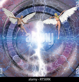 Les figures de l'homme et de la femme avec des ailes d'anges. Les droits de l'âme dans le centre. Spirale du temps. Banque D'Images