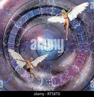 Les figures de l'homme et de la femme avec des ailes d'anges. Spirale du temps. Banque D'Images