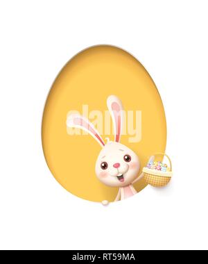 Lapin de Pâques dans un trou jaune en forme d'oeuf avec un panier rempli d'oeufs décorés - isolated on white Illustration de Vecteur