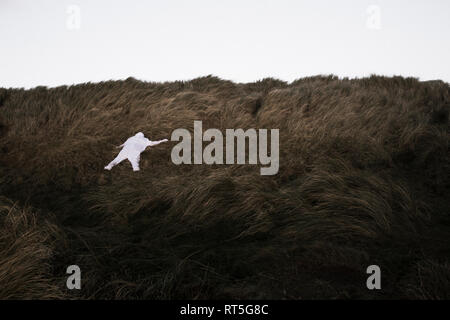 Le Danemark, l'Nordjuetland, homme portant un costume d'ours de glace lying in grass Banque D'Images