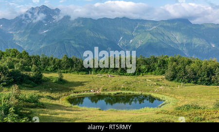 Vue d'une clairière de montagne avec un lac miroir transparent, et les touristes et les hautes montagnes avec des sommets enneigés au loin. Caucase, Russie Banque D'Images