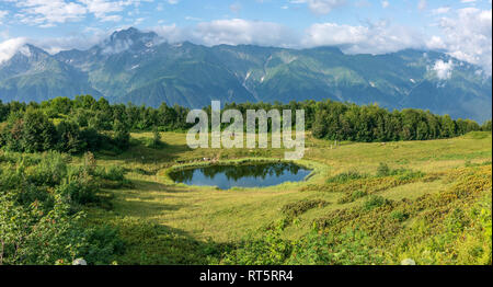 Vue d'une clairière de montagne avec un lac miroir transparent, et les touristes, entouré de pelouses et d'arbres et de hautes montagnes avec des sommets enneigés dans le Banque D'Images