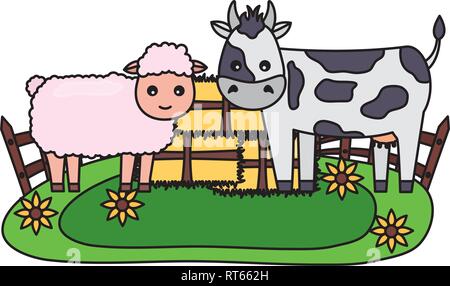 Des moutons et des balles de foin vache farm Illustration de Vecteur