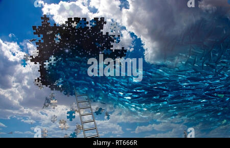 Les poissons nagent dans le trou dans le ciel. Morceaux de puzzle Banque D'Images