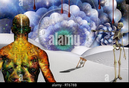 L'homme avec les yeux bizarres sur le corps est en désert surréaliste avec hourglass et attentif. Banque D'Images