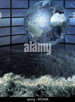 Mur d'écrans de télévision. Globe et la mer profonde. Banque D'Images