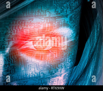 Visage femme Cyborg. Code binaire dans l'effet yeux rouges, patron du circuit. Banque D'Images