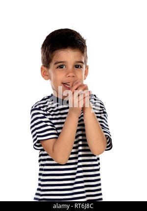 Belle enfant avec les yeux noirs isolé sur fond blanc Banque D'Images