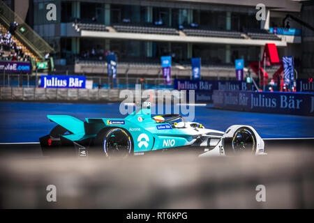 La ville de Mexico, Mexique - 16 Février 2019 : Autodromo Hermanos Rodriguez. Mexico E-prix. Le pilote de l'équipe Formule E NIO Oliver Turvey au no 16, la course à la Mexico City E-prix. Banque D'Images