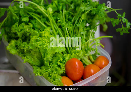 Préparer les légumes sont placés près de l'évier pour laver le céleri, laitue, tomate. Banque D'Images