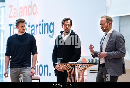 Berlin, Allemagne. 28 Février, 2019. Les membres du conseil d'Zalando David Schneider (l-r), Robert Gentz et Rubin Ritter présente les chiffres annuels pour 2018 lors d'une conférence de presse au siège de la nouvelle société à Friedrichshain. Crédit : Bernd von Jutrczenka/dpa/Alamy Live News Banque D'Images