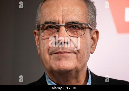 Barcelone, Espagne. 28 Février, 2019. Celestino Corbacho est perçu au cours de l'exposé que le numéro trois sur la liste électorale Barcelone, capitale européenne dirigée par Valls. Manuel Valls, candidat à la mairie de Barcelone et leader de la plate-forme Barcelone, capitale européenne a présenté le numéro trois de sa liste électorale, Celestino Corbacho ancien maire de Hospitalet et ancien ministre du Travail et des Affaires Sociales avec le président socialiste José Luis Rodríguez Zapatero . Credit : SOPA/Alamy Images Limited Live News Banque D'Images