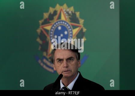 Brasilia, Brésil. 28 Février, 2019. L'auto-proclamé président par intérim du Venezuela Juan Guaidó au cours d'une réunion avec le président brésilien Bolsonaro Jaďr, au Palais du Planalto à Brasilia le Jeudi, 28. (Photo : Ricardo Botelho/Brésil Photo Presse ) Crédit : Brésil Photo Presse/Alamy Live News Banque D'Images