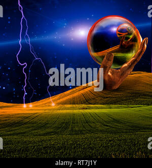 Sculpture main détient sphère de verre Banque D'Images