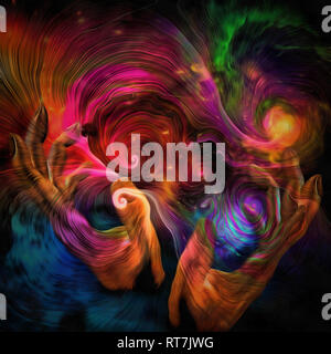 Peinture surréaliste. Les mains dans l'espace profond Banque D'Images