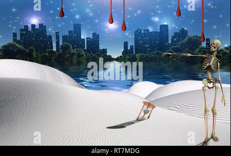 Désert surréaliste avec Hourglass. La ville de points squelette dans une autre dimension. Banque D'Images