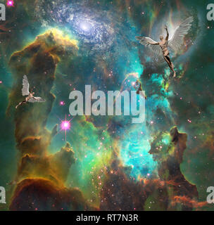 Le surréalisme. Les hommes avec des ailes symbolise les anges dans l'espace. Le rendu 3D. Banque D'Images