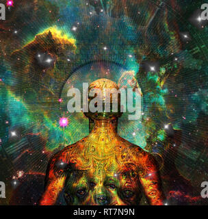 La figure de l'homme étrange avec des yeux démoniaques sur sa peau se tient devant des univers. Banque D'Images
