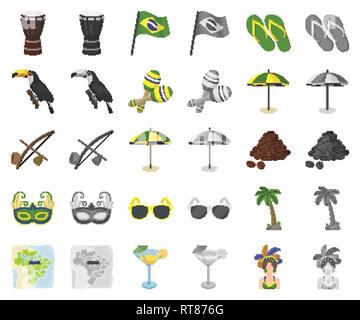 Balle,attributs,plage,berimbau,Brésil,carnaval,Brésil,caricature,monochrom,christ,café,cocktail,collection,pays,Culture,sur,dancer,tambour,design,flag,flip flops,vert,icône,,illustration,isolé,intéressant,logo,citron,maracas,mask,national,palm,lieu,de,la population rédempteur,poeme,set,signer,football,lunettes,territoire,symbole,toucan,les voyages,la mode,arbre,parasol,femme,vecteur vecteurs vecteur jaune , Illustration de Vecteur