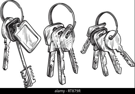 Croquis dessinés à la main, trousseau de clés sur fond blanc vector illustration Illustration de Vecteur