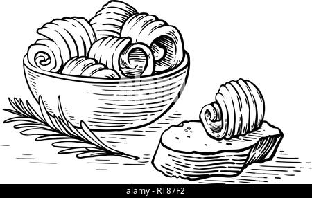 Croquis dessinés à la main le beurre dans un bol et du pain boucles vector illustration Illustration de Vecteur