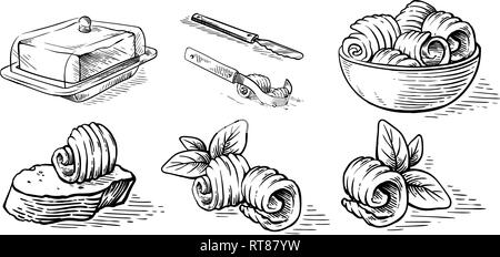Croquis croquis dessinés à la main, pain beurre à la main butterdish éléments culinaires vector illustration Illustration de Vecteur