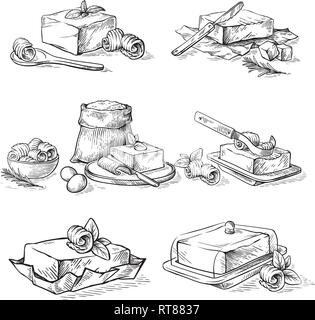 Croquis croquis dessinés à la main, pain beurre à la main butterdish éléments culinaires vector illustration Illustration de Vecteur