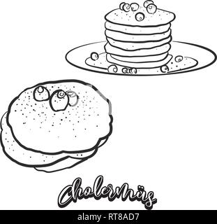 Croquis à main Cholermüs de pain. Dessin vectoriel de Pancake, aliments habituellement connu en Suisse. Illustration du pain series. Illustration de Vecteur