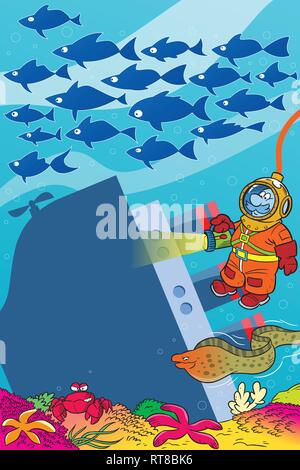 L'illustration montre un dessin diver sur le fond marin. Il s'allume un vieux navire coulé sur un fond marin et des bancs de poissons. Illustration de Vecteur