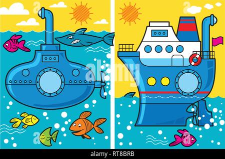 L'illustration cartoon présente sous-marin et d'un navire en mer, les poissons nagent autour d'eux Illustration de Vecteur