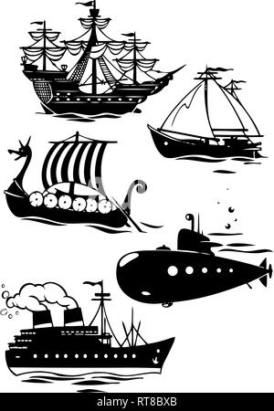 Sur l'illustration d'un ensemble de silhouettes de divers types de navires cartoon, isolé sur fond blanc Illustration de Vecteur