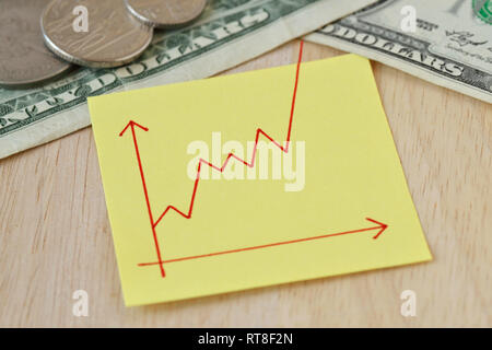 Graphique par ascendants sur papier remarque, dollar monnaies et billets - Concept d'augmentation de la valeur de l'argent Banque D'Images