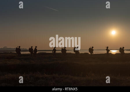 B-6673, Mersea Island, Essex, Royaume-Uni, 27 février 2019. Mersea Island : silhouettes métalliques 51 Rappel des découpes d'hommes qui sont morts dans l'armée et la marine dans la PREMIÈRE GUERRE MONDIALE. Banque D'Images