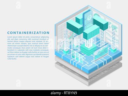 La conteneurisation et l'application de ce concept de développement logiciel modulaire avec symbole de smartphone et conteneurs en tant que vecteur illustration isométrique. Illustration de Vecteur