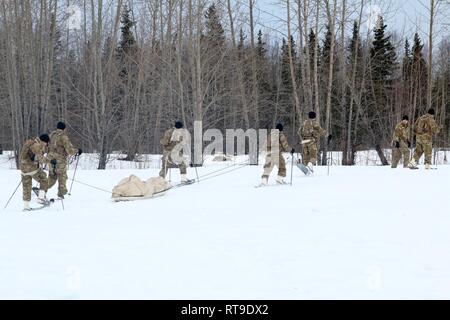 Soldats du 1er Bataillon 21e Régiment d'infanterie, Schofield Barracks, Missouri, le manoeuvre de la neige profonde en raquettes avec une luge Ahkio en remorque par temps froid pendant la formation à Joint Base Elmendorf-Richardson, Alaska, Jan.27, 2019. Banque D'Images