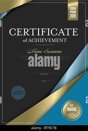 Certificat de réussite moderne modèle avec place pour le contenu de votre matériel - bleu foncé et doré design version Illustration de Vecteur